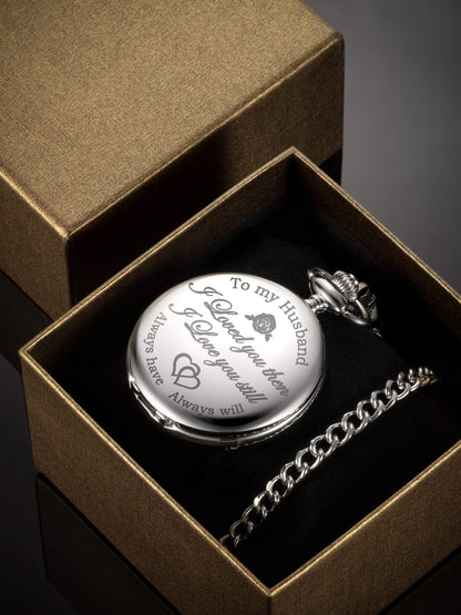 Pangda Quartz Pocket Watch to Husband Gift, Engraved Pocket Watch (Silver Case and Black Dial)