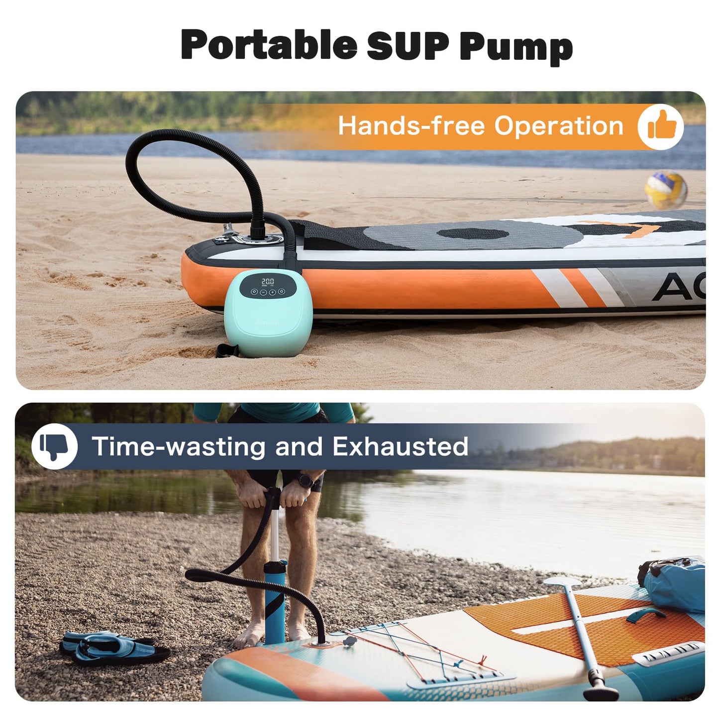 dwndpump Electric Paddle Board Pump, Rechargeable 20 PSI SUP Pump, Dual-Stage Inflation and Deflation Sup Air Pump, Portable Electric Pump for Kayaks, Wind Wings, SUPs (with 7 Valve Adapters)