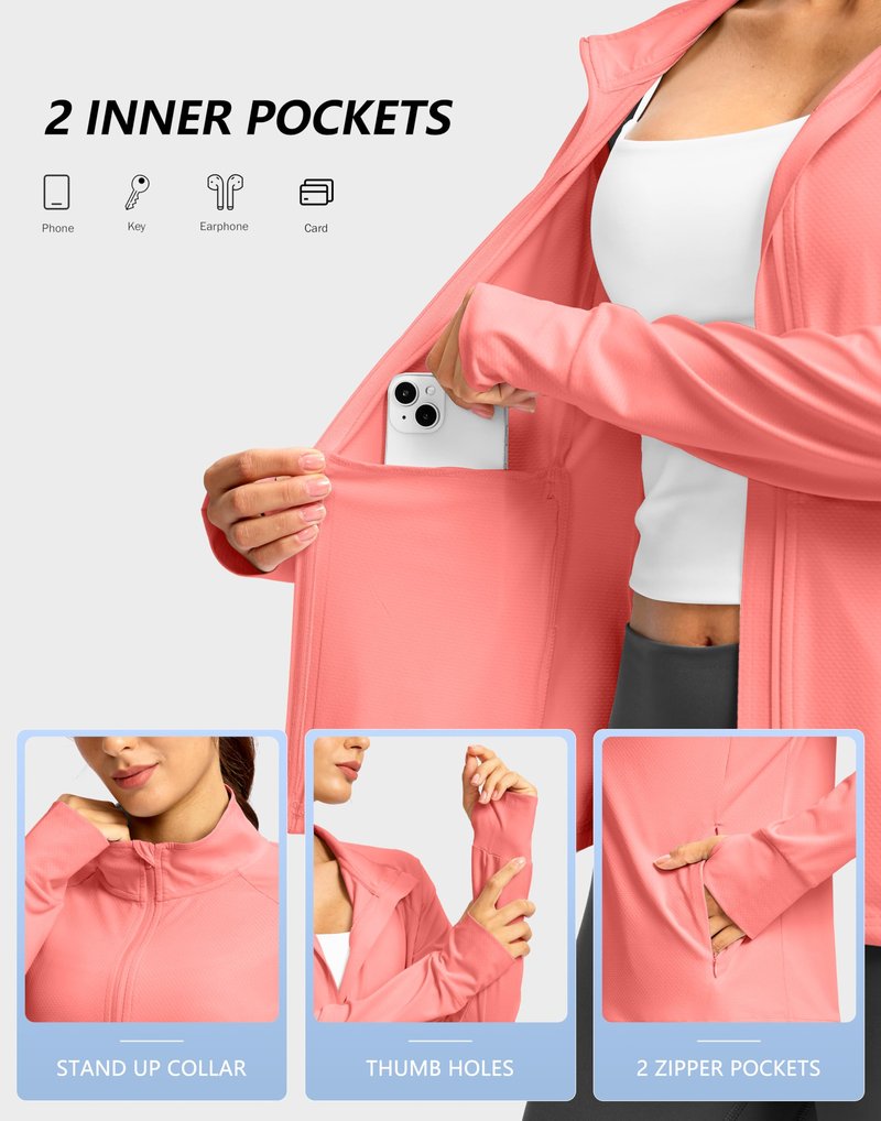 G Gradual Women's UPF 50+ Lightweight Athletic Jacket Sun Protection Zip Up 4 Pockets Long Sleeve Shirts Workout Running, Pink Coral, M