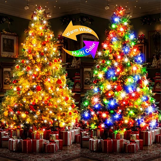 KNONEW Christmas Lights Outdoor 300 LED 99FT Green Wire Color Changing String Lights with 11 Modes & Timer Dimmable Fairy Light for Xmas Tree Roof Yard Wedding Decorations(Warm White to Multicolor)
