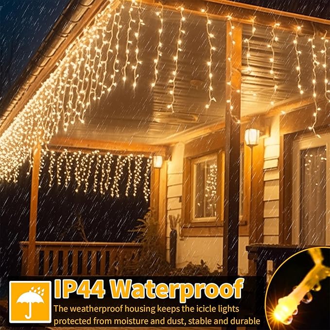 600LED Plug-in Christmas Icicle String Lights, 75Ft With Remote, 8 Modes Warm White Twinkle Fairy Waterproof for Terrace Wall Outdoor Decoration