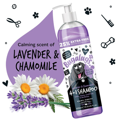 Dog Shampoo by Bugalugs lavender & chamomile 4 in 1 dog grooming shampoo products for smelly dogs, best puppy shampoo, professional groom Vegan pet shampoo & conditioner (625ml)