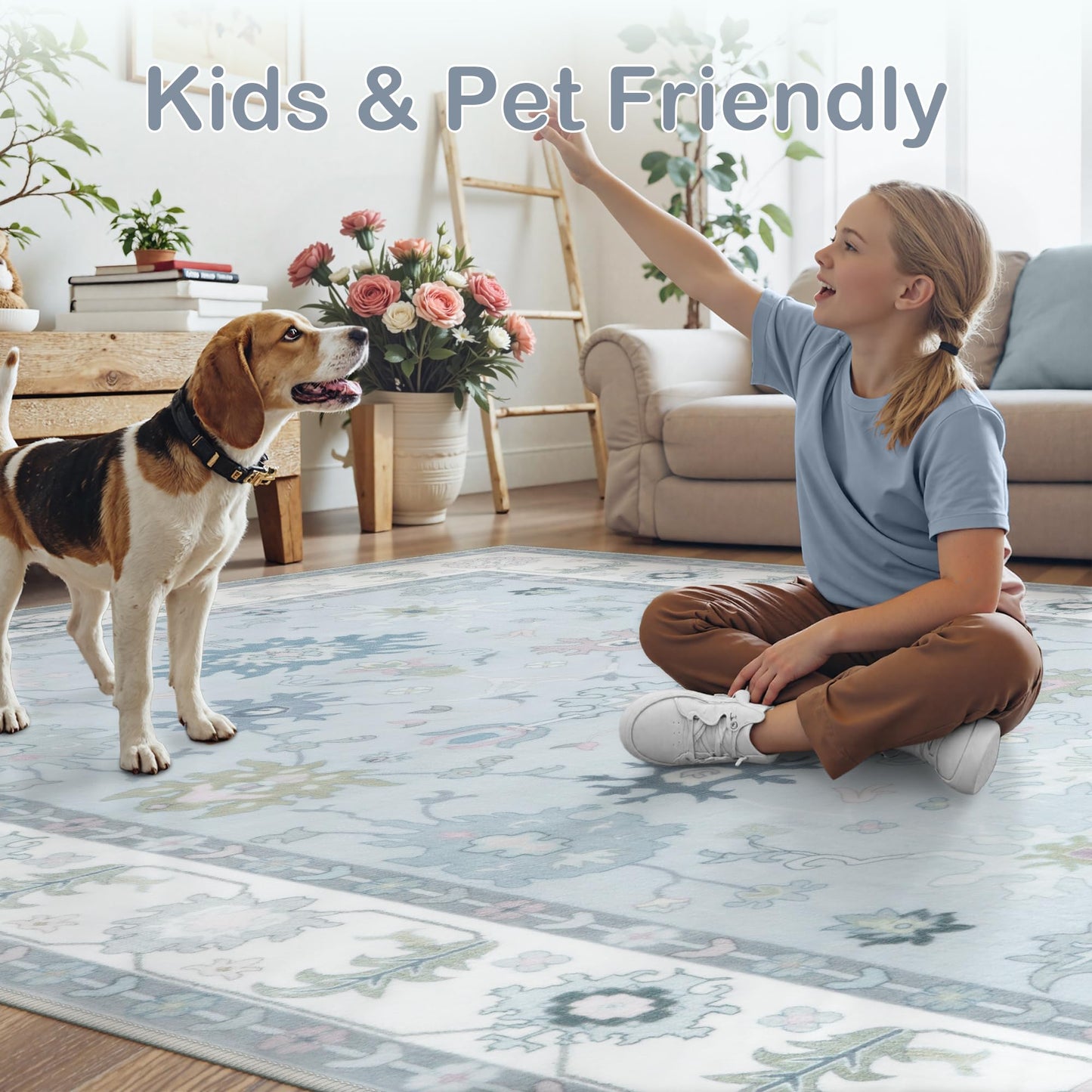LIVEBOX Washable Grey 5x7 Rug, Soft Oushak Area Rugs for Living Room, Non Slip Boho Dining Room Rug Under Table, Turkish Floral Ultra Thin Floor Carpet for Bedroom Home Office, Grey