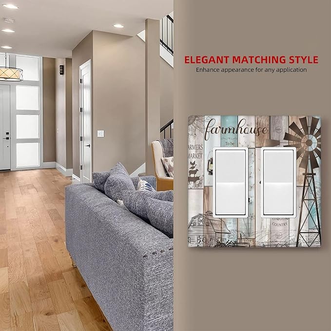 Rustic Western Farmhouse Windmill Double Rocker Light Switch Cover Vintage Barn Wooden Plank Inspirational Quote 2 Gang Outlet Wall Plate Decorative GFCI Switchplate Electrical Faceplate