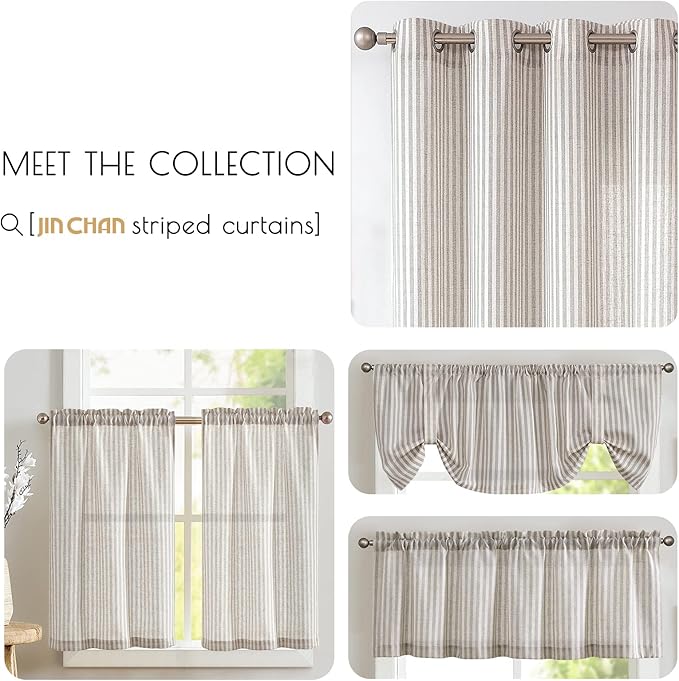 jinchan Tie Top Linen Kitchen Curtains 24 Inch Length Striped Tier Curtains Ticking Stripe Small Drapes for Living Room Bathroom Cafe Small Window Farmhouse Rustic Rod Pocket 2 Panels Taupe Grey