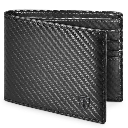 TEEHON Mens RFID Blocking Carbon Fibre Leather Wallet - Bi-Fold Card Wallet with 10 Card Slots, 2 ID Windows, 2 Cash Compartments - Black