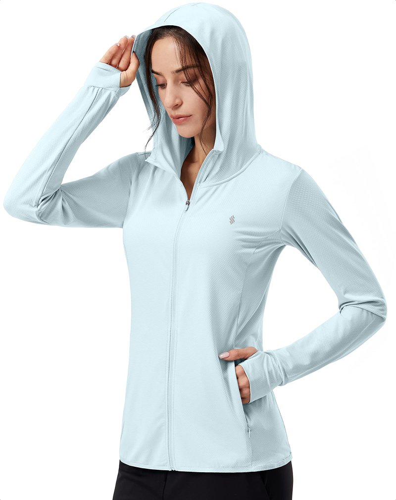 Soothfeel Women's UPF 50+ Sun Protection Hoodie Jacket Lightweight Long Sleeve Sun Shirt for Women with Pocket Hiking Outdoor Light Blue 3XL