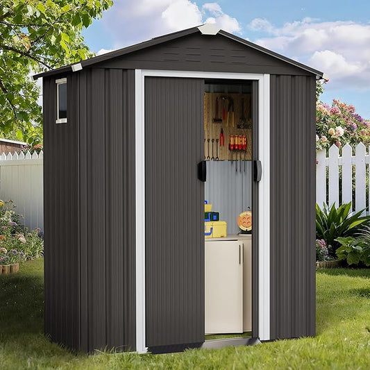 Shintenchi 5x3 FT Outdoor Storage Shed with Window, Lockable Outdoor Waterproof Tool Storage Sheds, Weather Resistant Tool Storage House Shed for Garden,Backyard,Patio Utility Tool Storage,Dark Gray