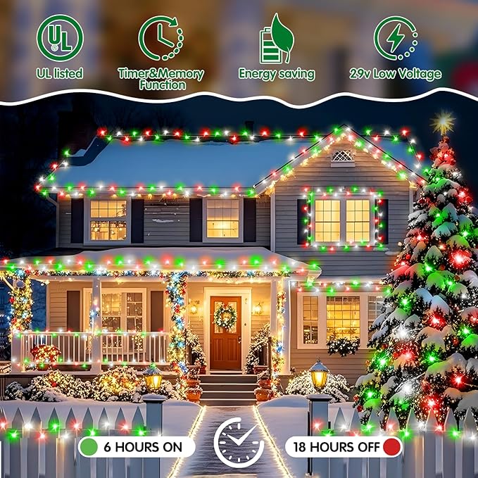 Heceltt Christmas Lights Outdoor, 125FT 350 LED String Lights 8 Modes and Timer Memory Function Twinkle Fairy Lights Waterproof Plug in for Xmas Tree Wedding Party Holiday Decor(Red Green and White)