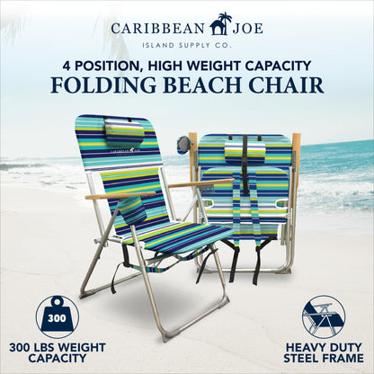 Caribbean Joe Folding Beach Chair, 4 Position Portable Backpack Foldable Camping Chair with Headrest, Cup Holder, and Wooden Armrests, Blue and Lime Stripe
