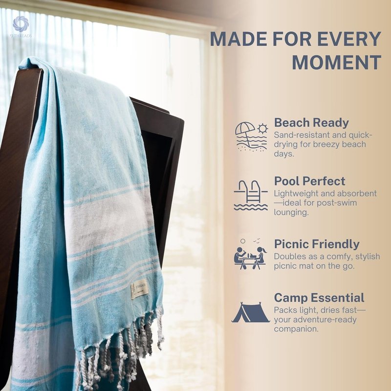 Oversized Cotton Turkish Beach Towel - Extra Large Quick-Dry Pool Towel | Aqua Blue, 36"x72" (4 Pack)