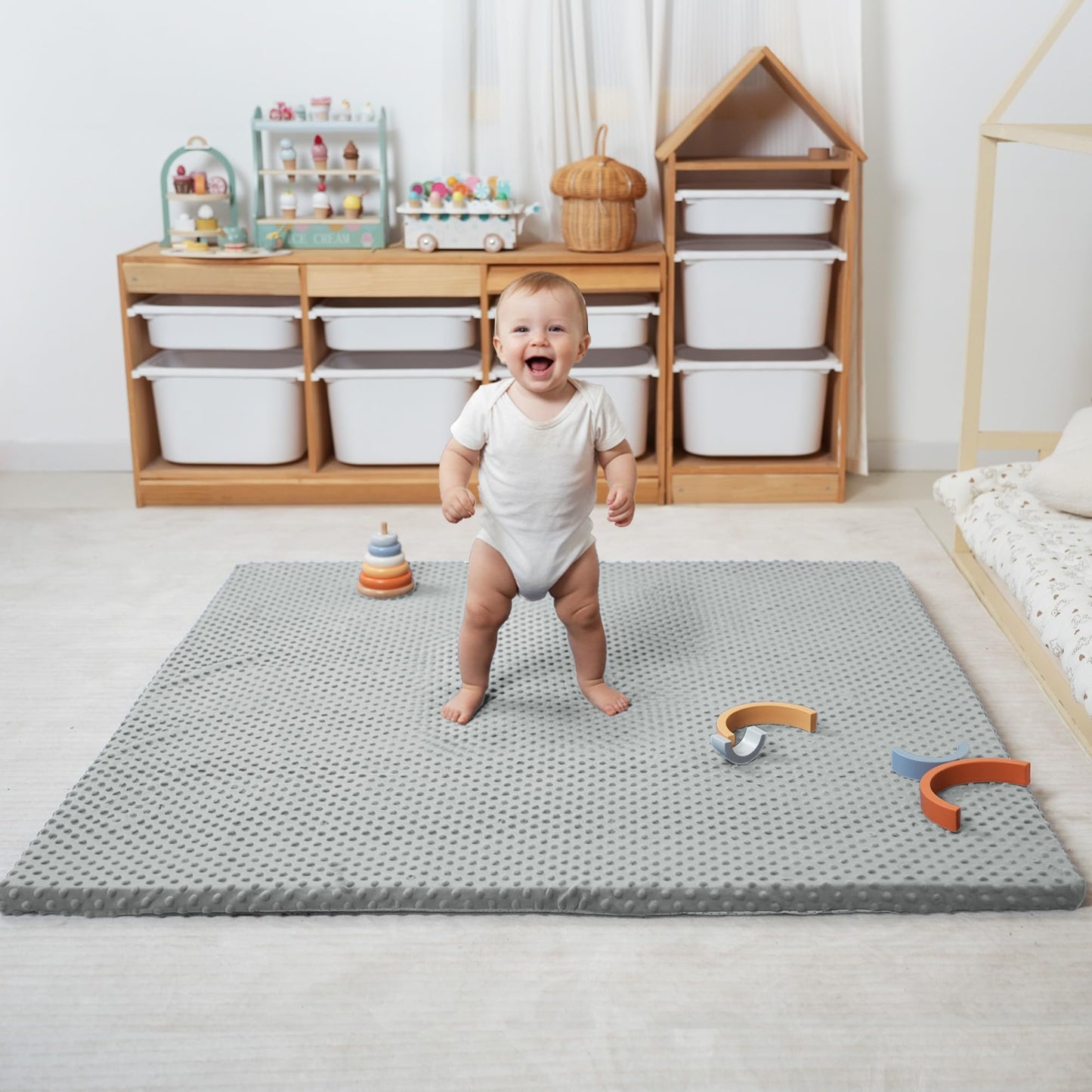 Baby Floor Play Mat for Playpen, Extra Thick 50x50 Inches Padded Mat with Ultra Soft 3D Minky Dot & Removable Washable Cover, Non-Slip & Safe for Crawling,Tummy Time,Infant/Toddler (Grey)