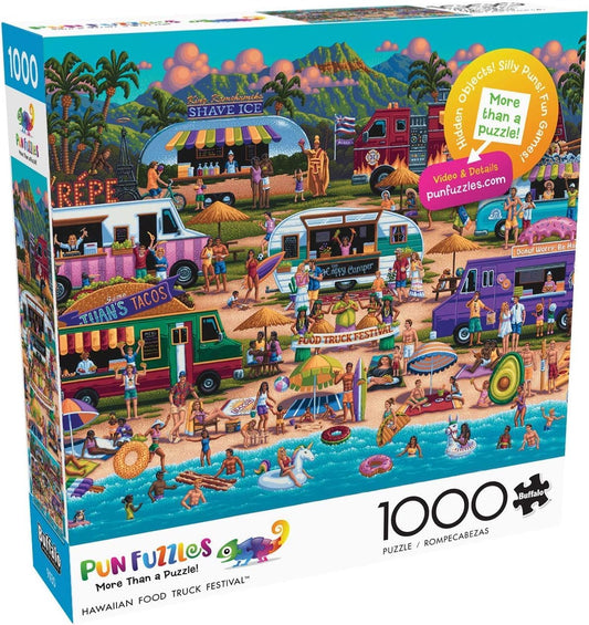 Buffalo Games - Pun Fuzzles - Hawaiian Food Truck Festival - 1000 Piece Jigsaw Puzzle For Adults -Challenging Puzzle Perfect for Game Nights - Finished Size is 26.75 x 19.75