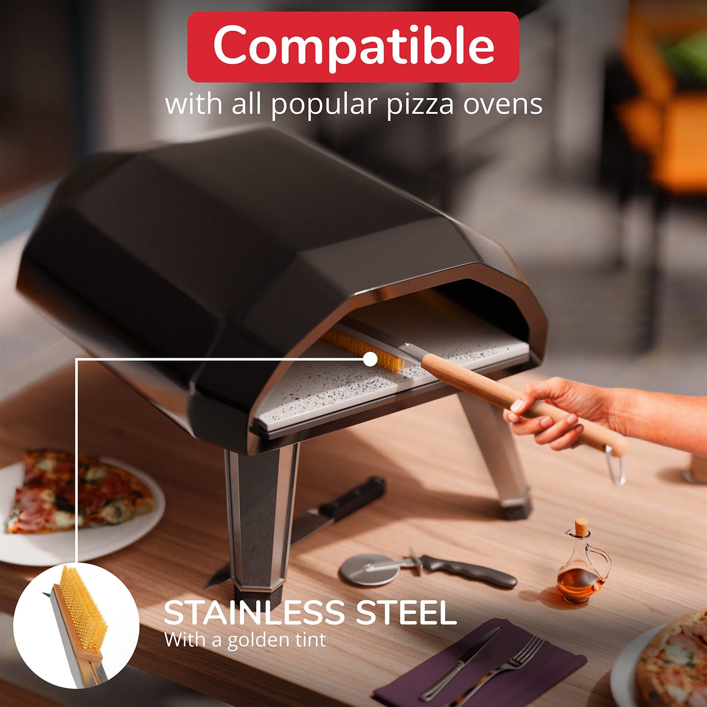 Senwosa Pizza Oven Brush with Stone Scraper - 66 cm - Stainless Steel Bristles, Extra Long Handle, Heat-Resistant - Compatible with Ooni Ovens - Includes Spare Head