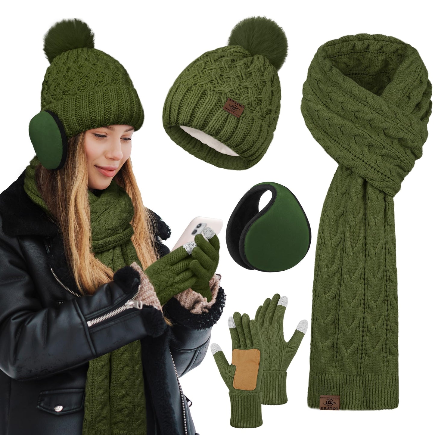 URATOT Women Winter Beanie Hat Scarf Gloves Ear Warmer 4 in 1 Set Beanie Pompom Hat Touchscreen Gloves Long Scarf Ear Warmer Dark Olive