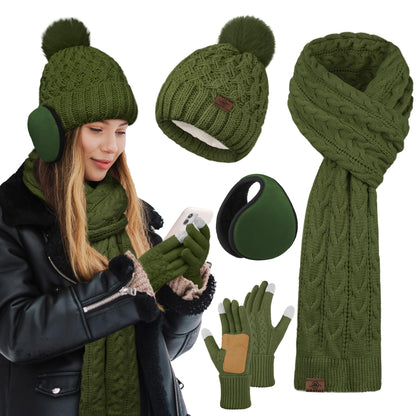 URATOT Women Winter Beanie Hat Scarf Gloves Ear Warmer 4 in 1 Set Beanie Pompom Hat Touchscreen Gloves Long Scarf Ear Warmer Dark Olive