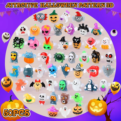 FLY2SKY Halloween Treats 50Pcs 3D Ring LED Light Up Rings Halloween Toys Halloween Party Favors for Kid Glow In The Dark Accessory Non Candy Gift Bag Fillers NEW VERSION