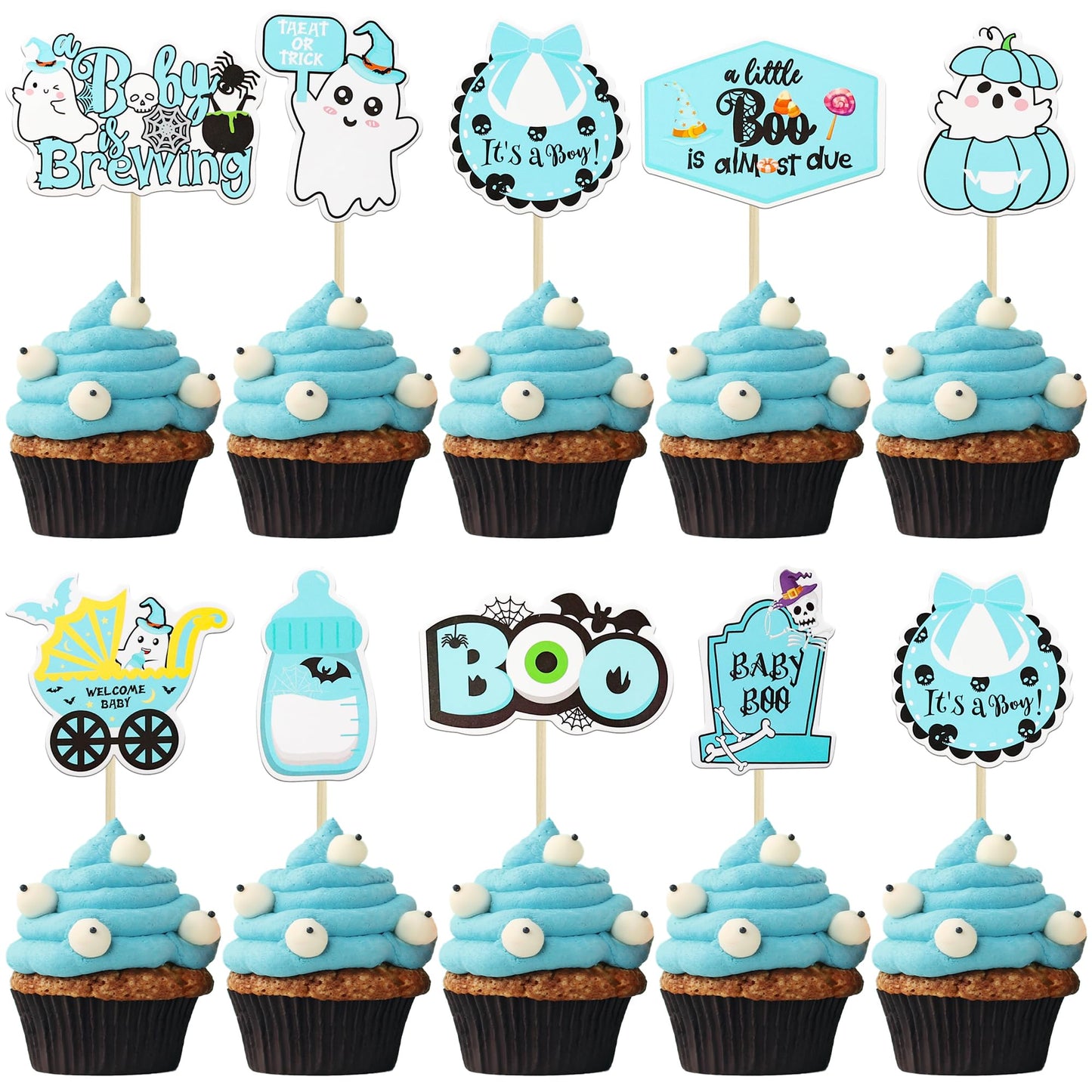 Gyufise 36Pcs Baby Shower Halloween Cupcake Toppers Ghost Bat A Baby is Brewing Cupcake Picks Baby Boo It's a Girl Cake Decorations for Halloween Theme Baby Shower Girls Birthday Party Supplies Blue