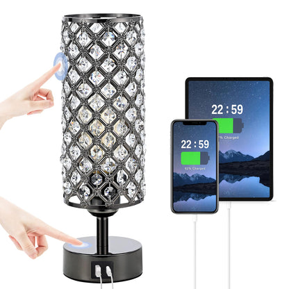 Hong-in Crystal Table Lamp,Black Lamp with USB C+A Ports, 3 Way Dimmable Light with Crystal Lampshade, Bedside Lamp Small Touch Light for Living Room Bedroom, Charge Phone (Bulb Included)