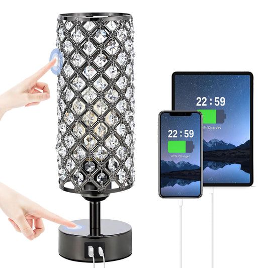 Hong-in Crystal Table Lamp,Black Lamp with USB C+A Ports, 3 Way Dimmable Light with Crystal Lampshade, Bedside Lamp Small Touch Light for Living Room Bedroom, Charge Phone (Bulb Included)