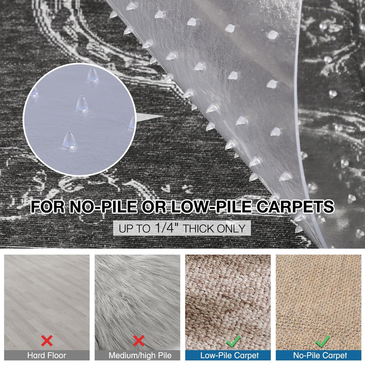 FUNMAT Chair Mat for Carpet, 46" x 60" Desk Chair Mat for Carpeted Floors, Non-Slip Office Vinyl Mat for Carpet with Studded, Easy Glide Heavy Duty Floor Protector Mat for Home Office, Clear