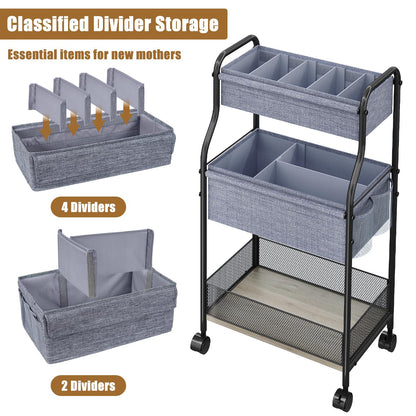 3-Tier Baby Diaper Caddy Organizer and Storage Cart with 4+2 Dividers, Mobile Metal Utility Cart with Rolling Wheels for Nursery Essentials, Large Capacity Rolling Carts for Crib, Bedroom, Bathroom