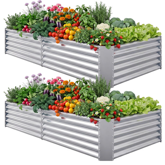 AHEONLAR 2 Pack 8×4×1.5ft Galvanized Raised Garden Beds Outdoor, Rectangle Sturdy and Durable Planter Boxes for Vegetables, Fruits, Flowers and Plants, Easy Assembly, Silver