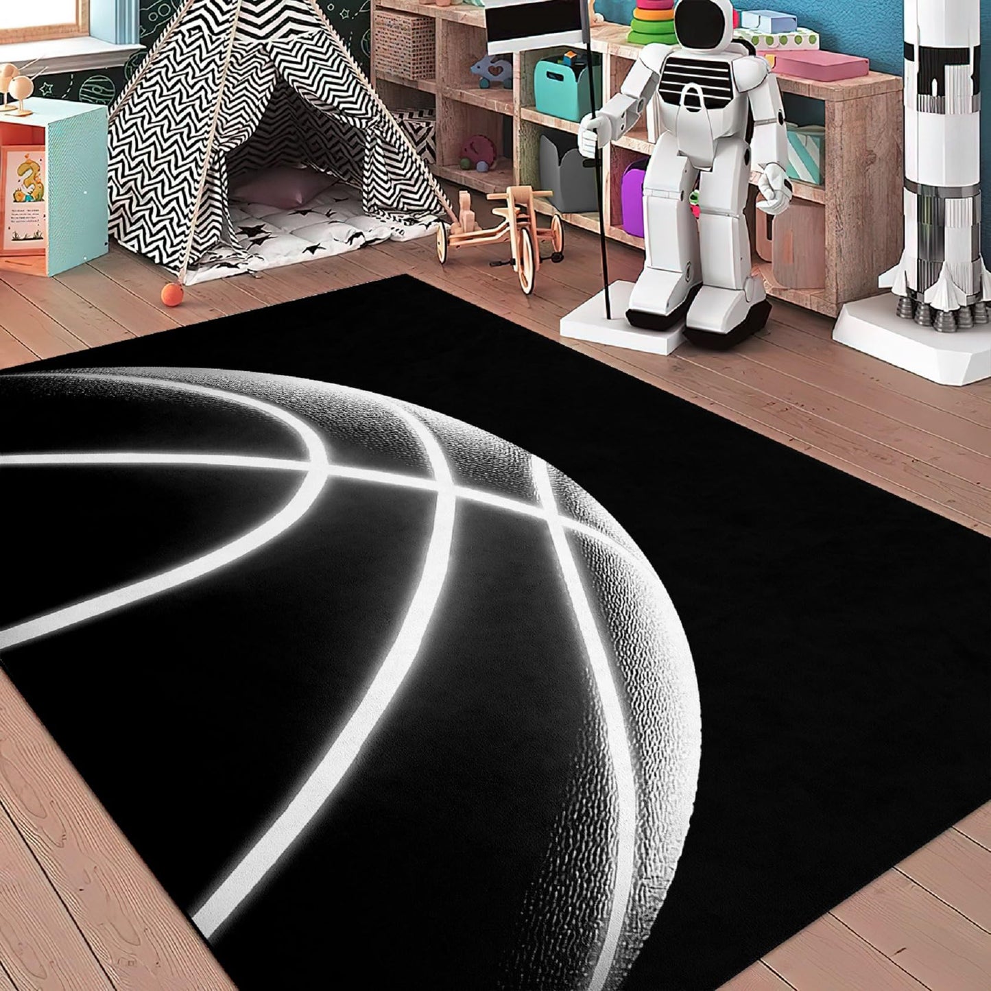 Basketball Rug for Boys Bedroom - Black Basketball Area Rug Basketball Decor Floor Kids Room Carpet Fun Sport Basketball Rug Printed White Ball Playroom Mat,2'6''×4'