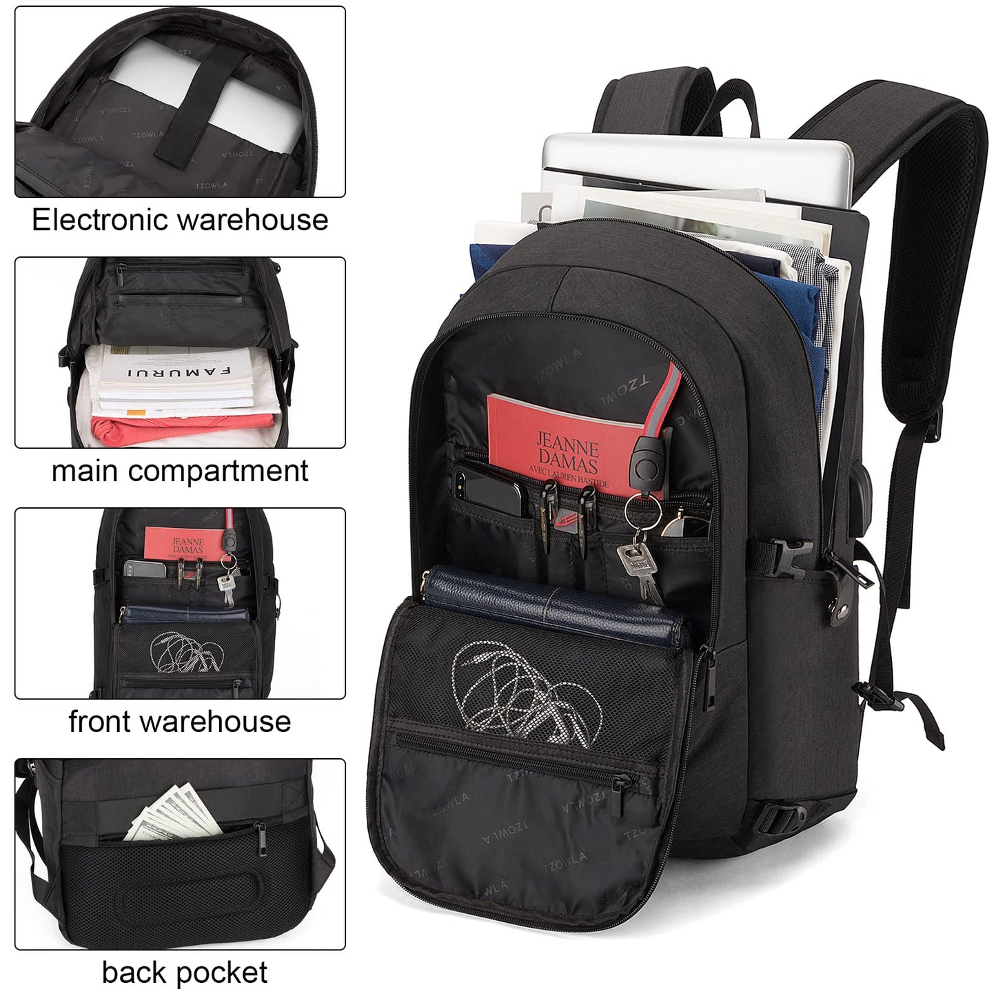 Tzowla Laptop Travel Backpack Mens Womens Water Resistant Anti-Theft Bag with USB Charging Port and Lock 15.6 Inch Computer Business Backpacks for School Work College Gift,Casual Daypack-Black