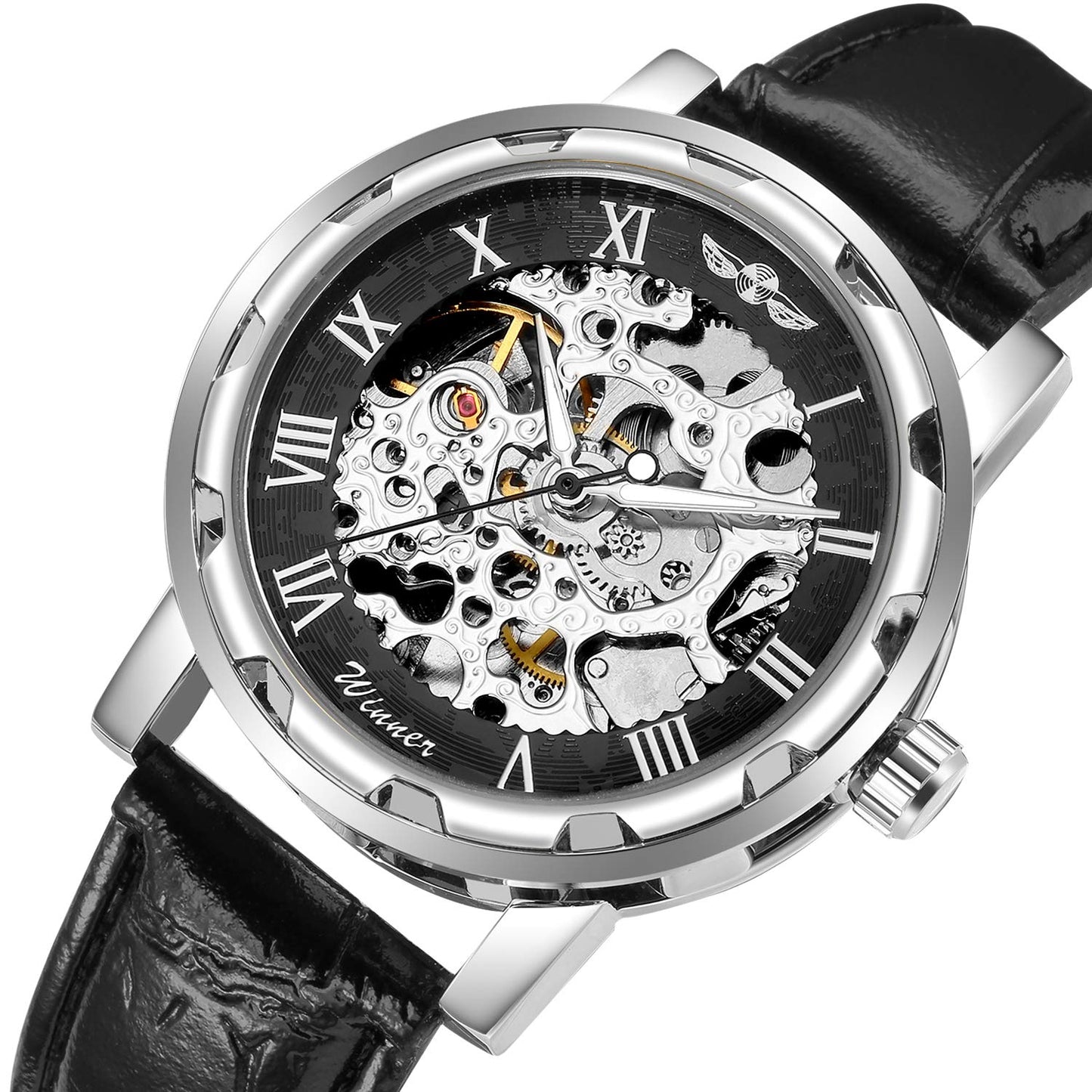 GLEIM Men's Watch, Mechanical Skeleton Steampunk Design Automatic Self-Winding Roman Numeral Silver Case PU Leather Wrist Watch