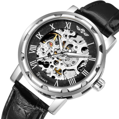 GLEIM Men's Watch, Mechanical Skeleton Steampunk Design Automatic Self-Winding Roman Numeral Silver Case PU Leather Wrist Watch