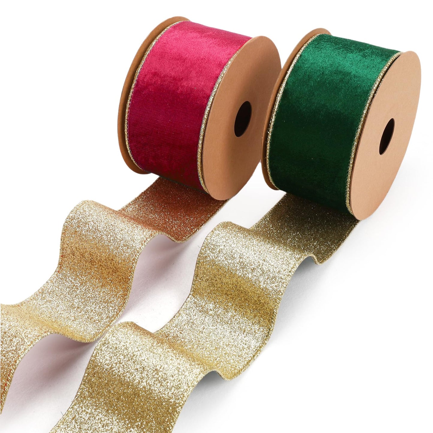 LaRibbons Christmas Velvet Ribbon Wired 2.5 Inches Wide (2 Rolls 20 Yards TTL) Double Faced Red Green and Gold Glitter Velvet Ribbon for Christmas Tree Garland, Gift, Bow, Home Decor