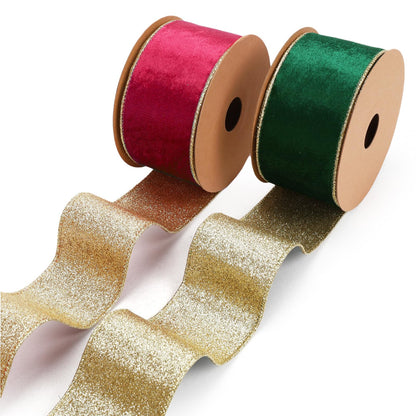 LaRibbons Christmas Velvet Ribbon Wired 2.5 Inches Wide (2 Rolls 20 Yards TTL) Double Faced Red Green and Gold Glitter Velvet Ribbon for Christmas Tree Garland, Gift, Bow, Home Decor