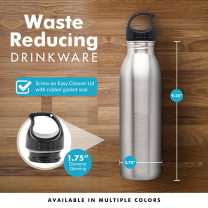 Simply Green Solutions Slim Line Stainless Steel Water Bottle, Single-Wall Reusable for Work & Daily Use, Handy Cold, Sleek & Slim, Brushed Stainless, 24 oz