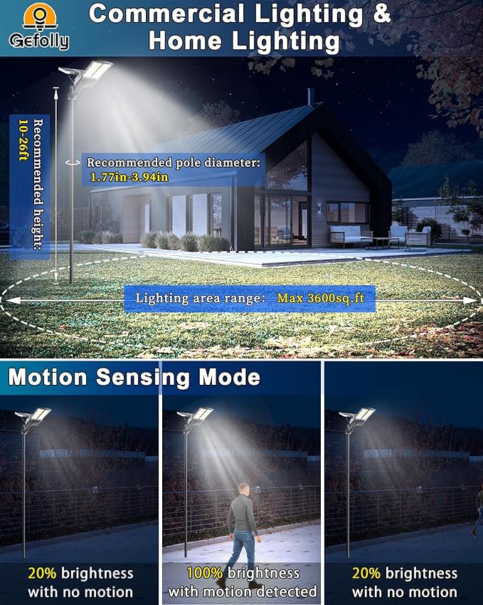 Gefolly SL-9500W Solar Street Light Outdoor 600000LM Commercial Parking Lot Lights Dusk to Dawn 6500K Flood Security Light IP67 Lamp with Motion Sensor for Basketball Court, Yard, Road