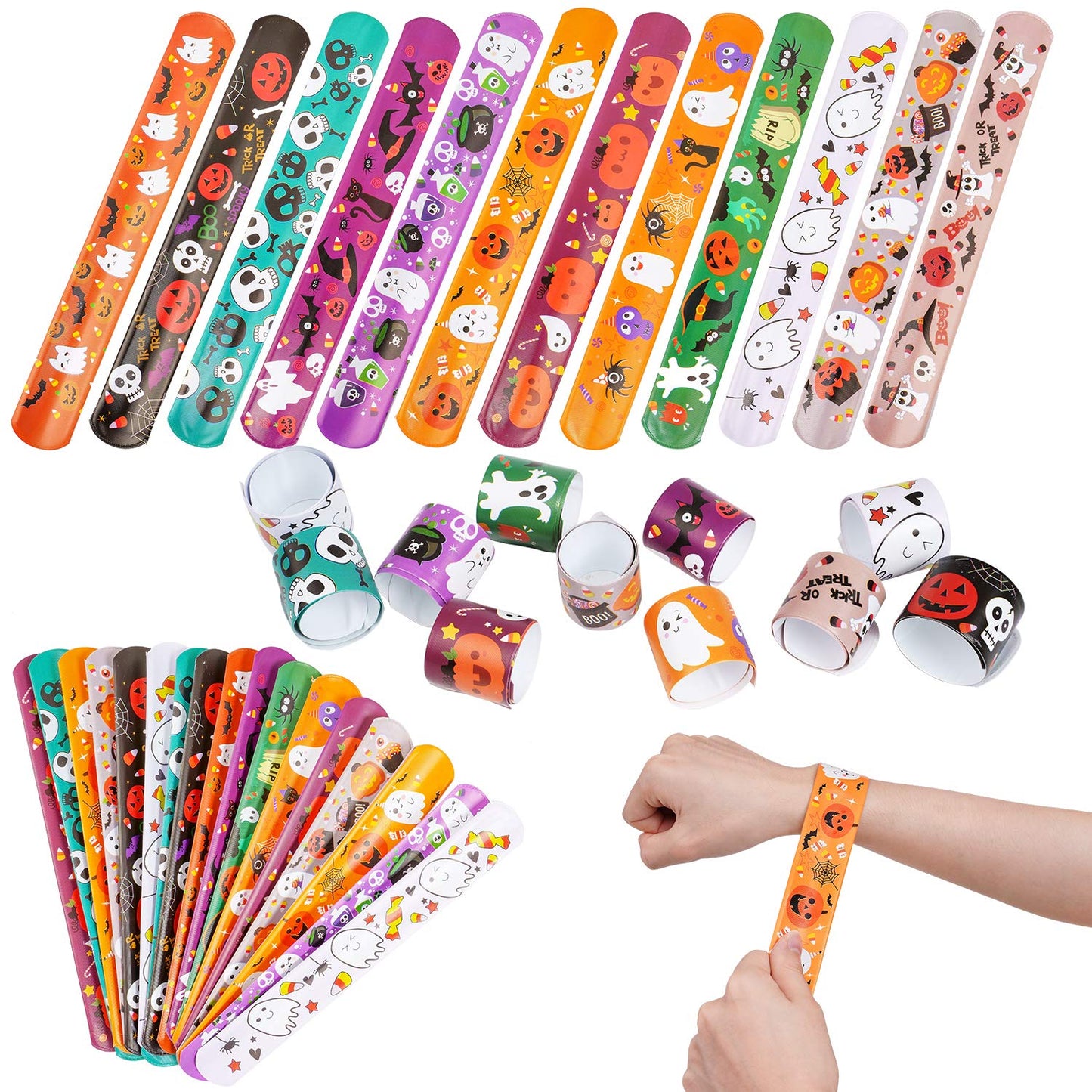 CCINEE 48pcs Halloween Slap Bracelets Assorted Bulk Pumpkin Zombie Witches Snap Bracelet Wristbands for Kids Halloween Party Gift Bag Filler Supply…