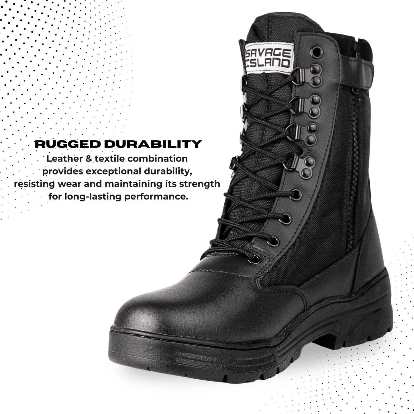 Savage Island Leather Side Zip & Lace Up Army Tactical Combat Boots Black for Work, Security, Motorcycle, Cadet