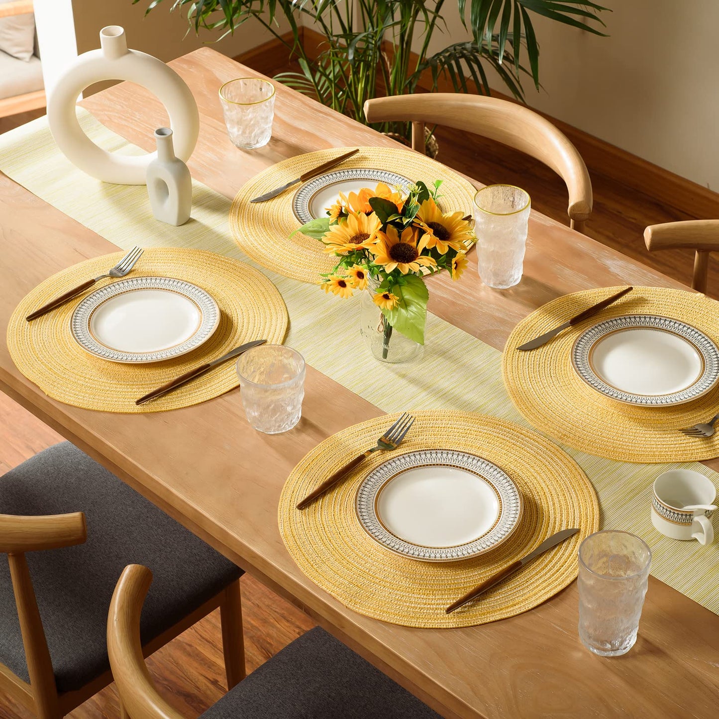 FunWheat Round Braided Placemats Set of 6 Place mats for Dining Tables Woven Heat Resistant Table Mats 15 inch (Yellow)