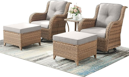 Rilyson Patio Furniture Swivel Chairs Set - 5 Piece Rattan Wicker Outdoor Sectional Conversation Sets with 2 Swivel Rocking Chairs,2 Ottomans and 1 Side Table for Porch Deck Garden(Yellow/Beige)