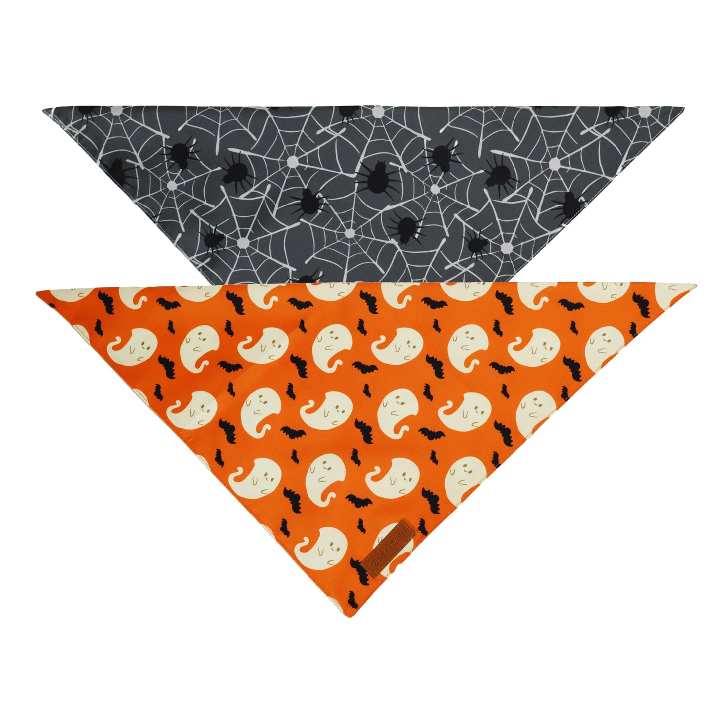 Realeaf Halloween Dog Bandanas 2 Pack, Spider Web Ghosts Bibs, Triangle Reversible Fall Pet Scarf, Premium Durable Fabric, Adjustable Fit (Halloween, Large)