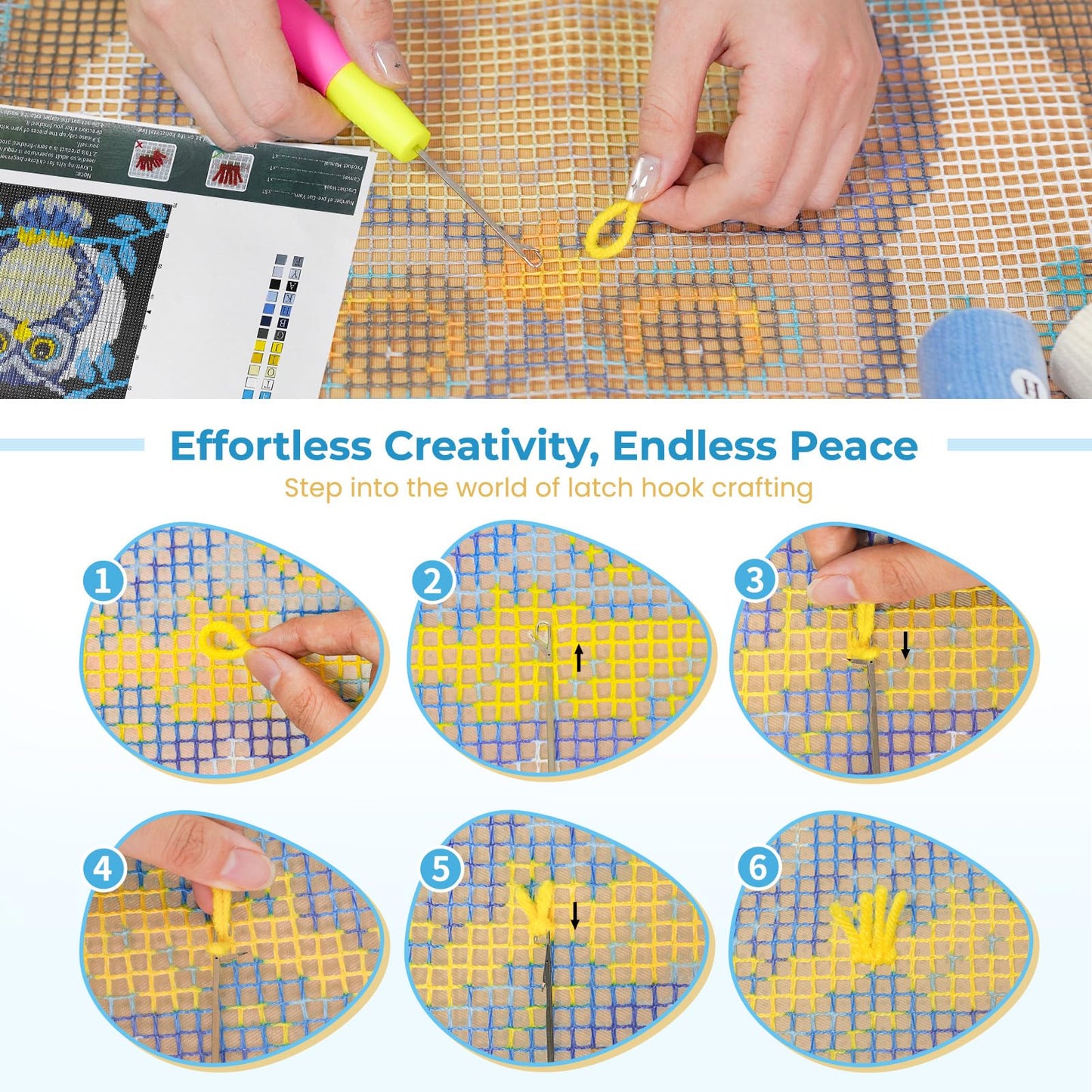 EsLuker.ly Full Moon Owl Latch Hook Pillow Kit for Adults Beginners, DIY Throw Pillow Cushion Cover Making Set with Pre-Printed Canvas & Crochet Yarn, Creative Latch Hook Craft Kits for Home Decor