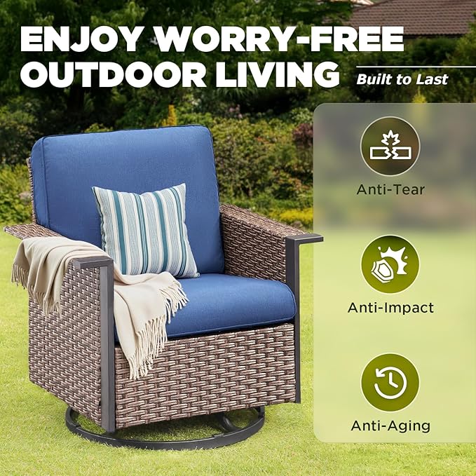 Outdoor Patio Furniture Set Swivel Chairs-8 Pieces All-Weather Wicker 3 Seater Sofa with 2 Ottomans Rattan Side Table, Wicker Sofa Outdoor Furniture for Porch Deck Backyard Brown/Blue