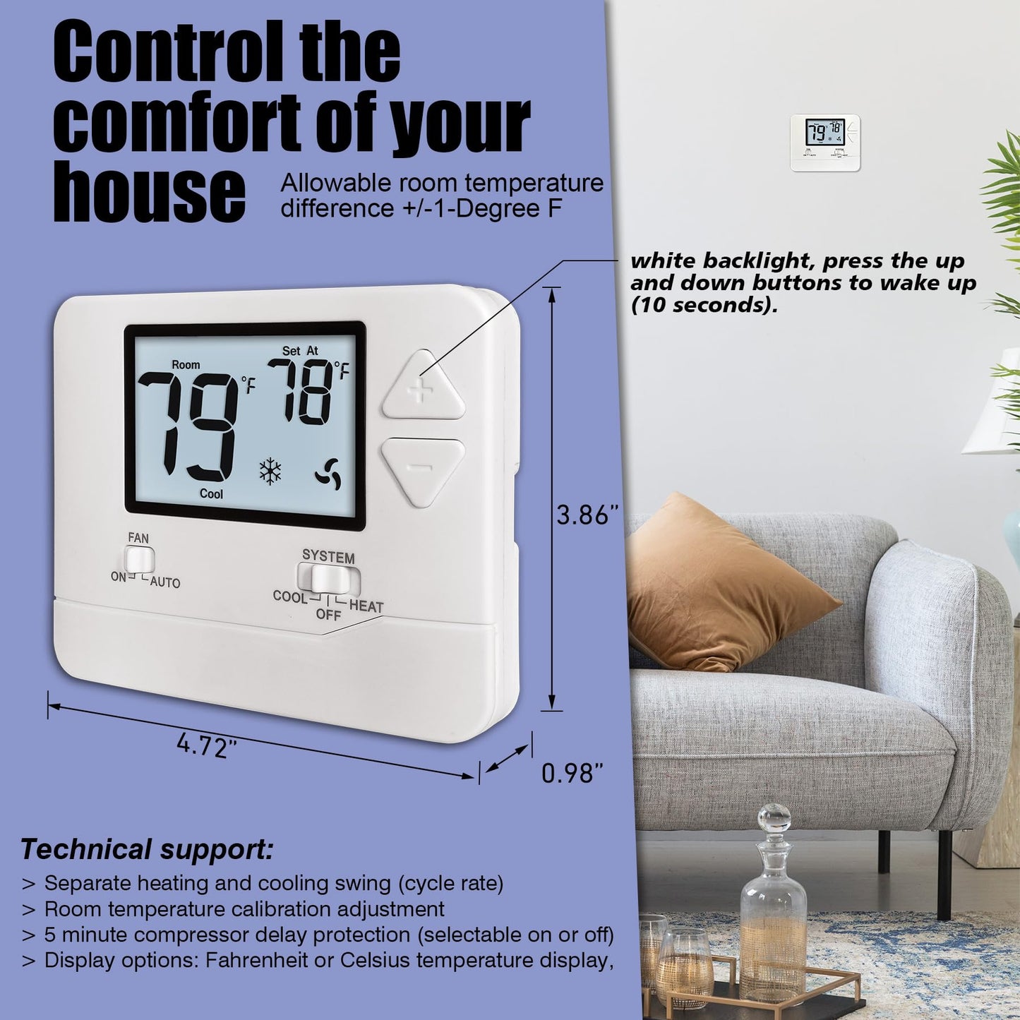 Heagstat Non-Programmable Thermostats for Home Conventional Single-Stage Systems, up to 1 Heat/ 1 Cool (with White Backlight)