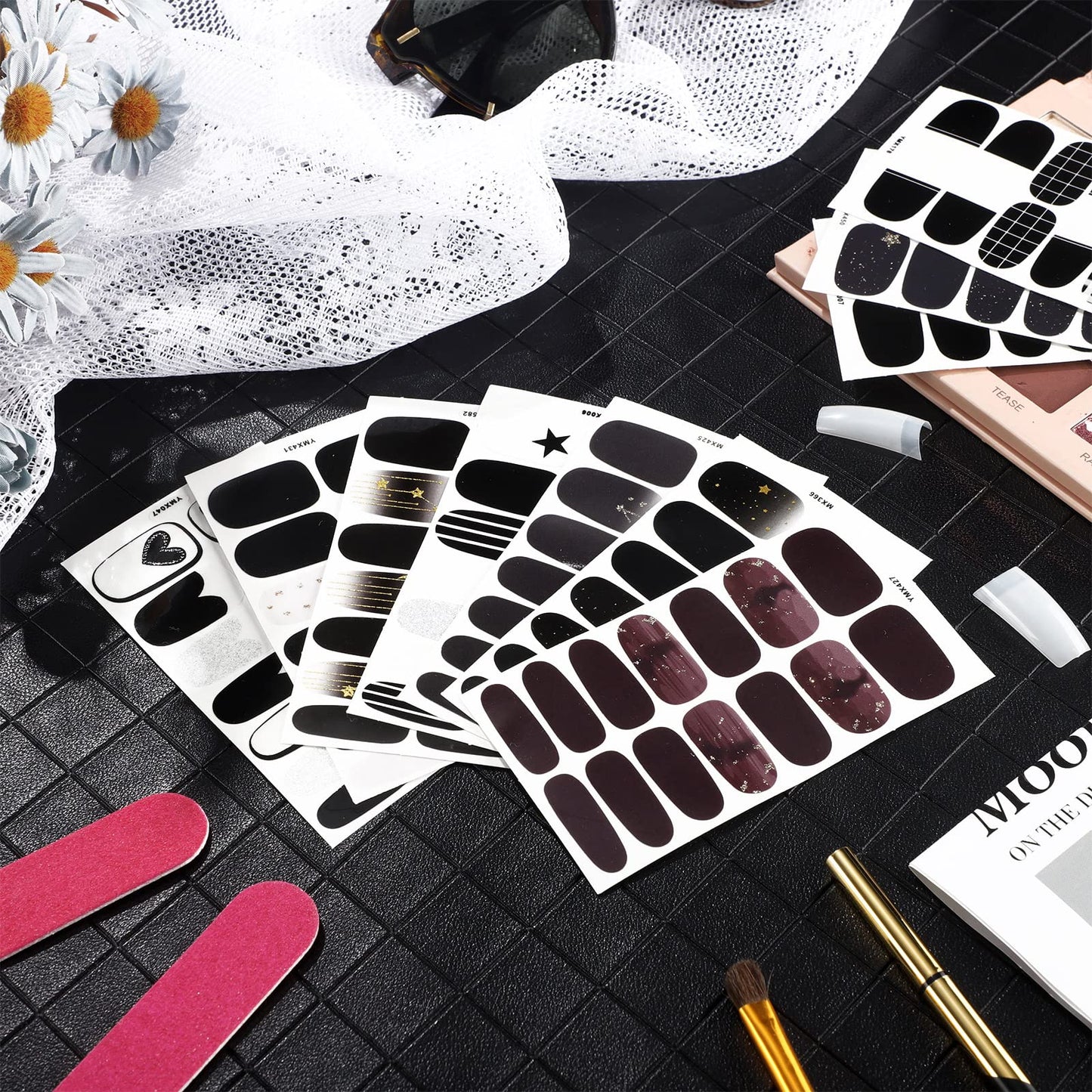 140 Pcs 10 Sheets Black Full Wrap Nail Stickers Polish Strips Gradient Stickers Glitter Self Adhesive DIY Art Decals Strips with 2 Pcs Nail Files for Halloween Decor (Retro Style)