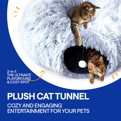 Cat Tunnel Bed with Cat Toys for Bored Indoor Adult Cats – Includes 1 Laser Paw, 1 Ball, and 2 Hollow Tunnels to Form Big Donut Shaped Tube - Can Be Used as Peekabo Cave or Comfy Pet Bed
