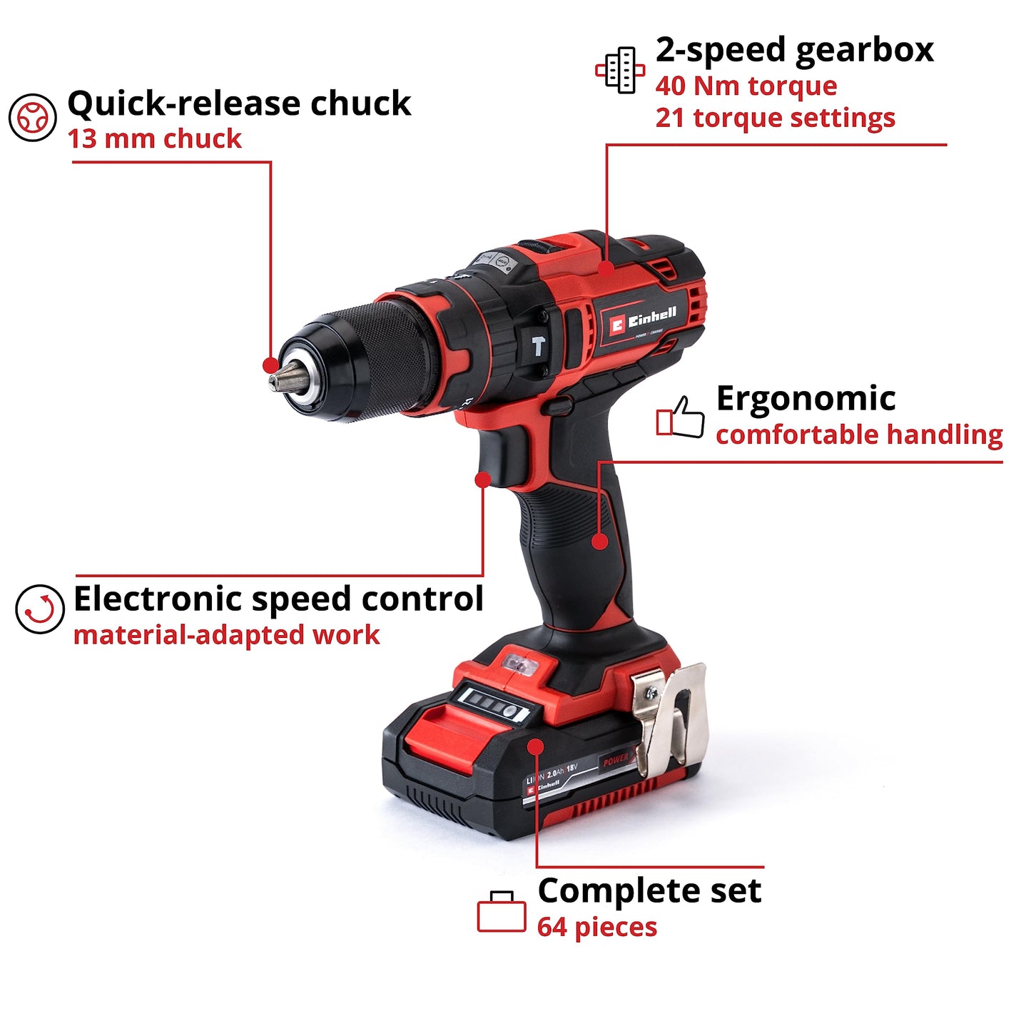 Einhell Power X-Change 40Nm Cordless Drill Driver With Battery And Charger - 18V, 3-in-1 Combi Drill, Hammer Drill And Screwdriver - TE-CD 18/40 Li-i Impact Drill Set With 69 Pc Accessory Kit