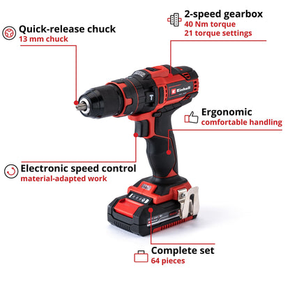 Einhell Power X-Change 40Nm Cordless Drill Driver With Battery And Charger - 18V, 3-in-1 Combi Drill, Hammer Drill And Screwdriver - TE-CD 18/40 Li-i Impact Drill Set With 69 Pc Accessory Kit