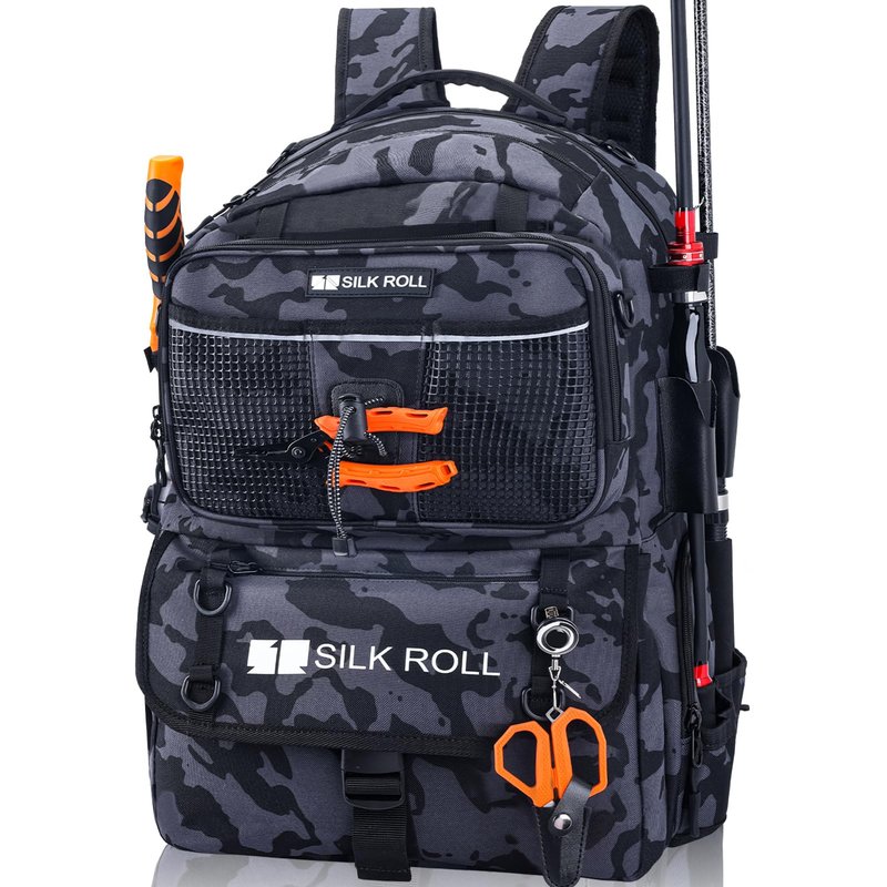 SILK ROLL 50L Fishing Tackle Backpack with Rod Holder and 4 Included 3600 Tackle Boxes - Waterproof Fishing Backpack for Ultimate Gear Organization and Storage (Black Camo)