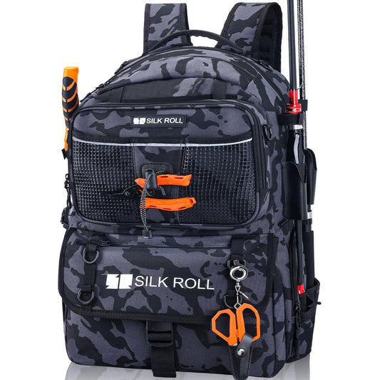 SILK ROLL 50L Fishing Tackle Backpack with Rod Holder and 4 Included 3600 Tackle Boxes - Waterproof Fishing Backpack for Ultimate Gear Organization and Storage (Black Camo)