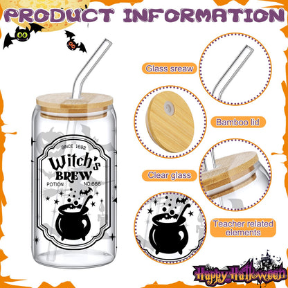 SiliFine 6 Pcs Halloween Drinking Glasses 16 oz Hearts Glass Cup with Bamboo Lid and Glass Straw Can Shaped Beer Glass Reusable Love Smoothie Cup for Women Teenager Valentine Party Birthday Gift